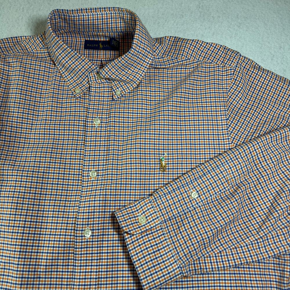 Ralph Lauren Orange Blue & White Plaid XL Button Up Long Sleeve Multicolor Pony